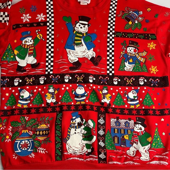 Vintage Christmas Sweatshirt Jumper Women's Size Large Checkered Santa Snowman - Picture 9 of 12